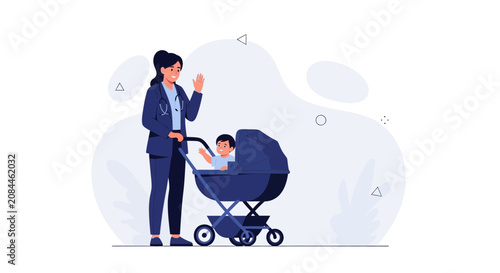 Doctor Pushing Stroller with Child, Healthcare and Family Concept, Flat Design Vector Illustration