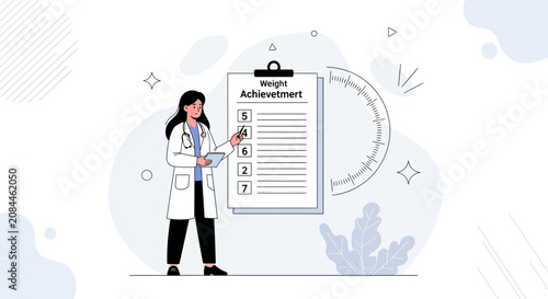 Doctor reviewing weight achievement checklist with patient goals and progress tracking