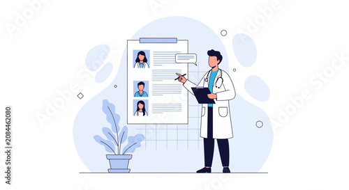 Doctor Reviewing Patient Records on Clipboard with Photos