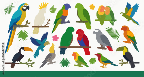 Quadro su tela Colorful Tropical Parrot Collection Vector with Exotic Bird Illustrations