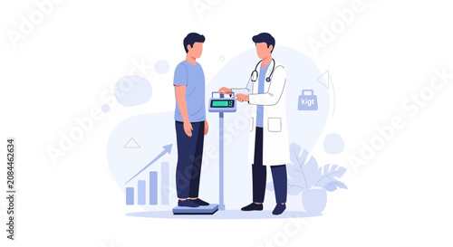 Doctor weighing patient on scale, illustrating health check, weight loss progress, and medical consultation.