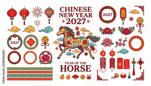 Year of the horse 2027 chinese new year festive design elements set with festival celebration lanterns tradition elements graphics firecrackers ornaments prosperity decorations seasonal