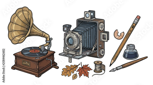 Fotografía Vintage objects: old camera, gramophone, ink, pencil, pen, spool of thread