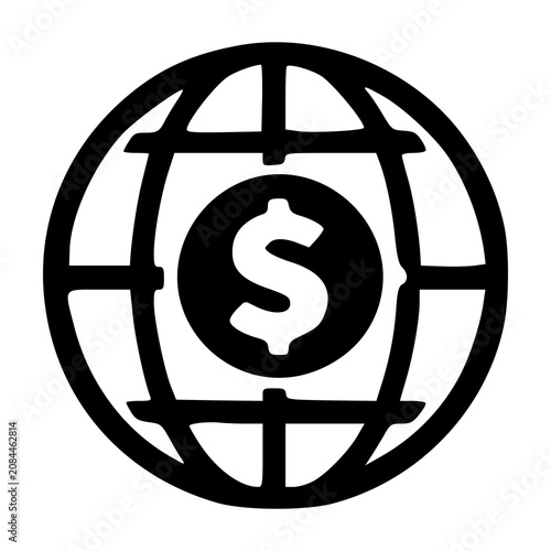 A grid patterned circular world globe enclosing a prominent dollar sign, representing worldwide electronic commerce, offshore banking, and logistics.