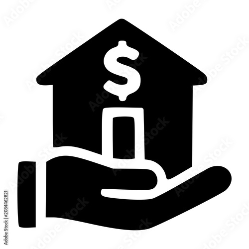 An open human palm presenting a structural house icon stamped with a dollar sign, representing mortgage home loans, real estate deals, and property values