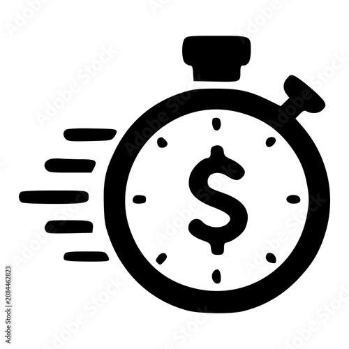 A precision mechanical stopwatch icon marked with speed lines and a dollar logo, representing quick instant loans, fast wire transfers, and trading tempos.