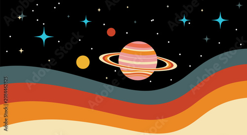 Retro 70s space vector illustration design with Saturn planet and colorful wavy landscape abstract background for creative projects 26