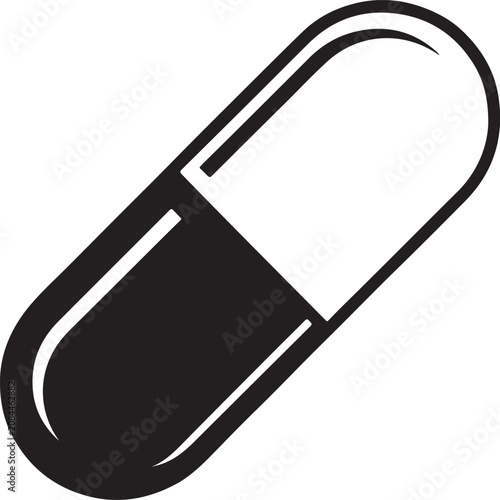 A simple black and white icon of a medical capsule