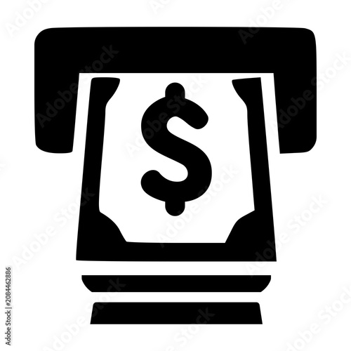 An automated banking slot machine model dispensing a crisp paper dollar bill, representing cash terminal withdrawals and quick retail money access.