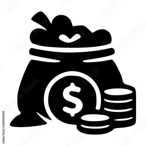 A heavy canvas sack with a tied top drawstring resting beside heaps of loose coins, representing massive cash bounties, retail banks, and budget reserves.
