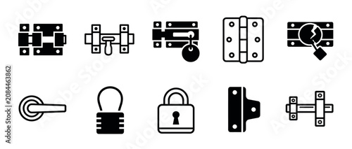 Collection of black glyph icons representing door hardware, including locks, handles, hinges, and bolts for security and access control concepts in a minimalist vector style