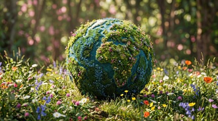 Celebrating world photography day with a vibrant green globe in a colorful flower field earthy nature photography