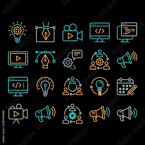 A set of colorful digital marketing and creative icons