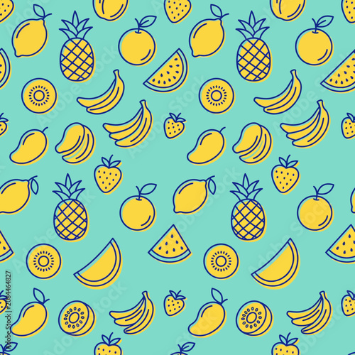 Seamless pattern of hand drawn yellow fruits on a teal background