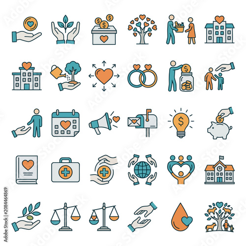 Vector icons set representing charity, donation and volunteering