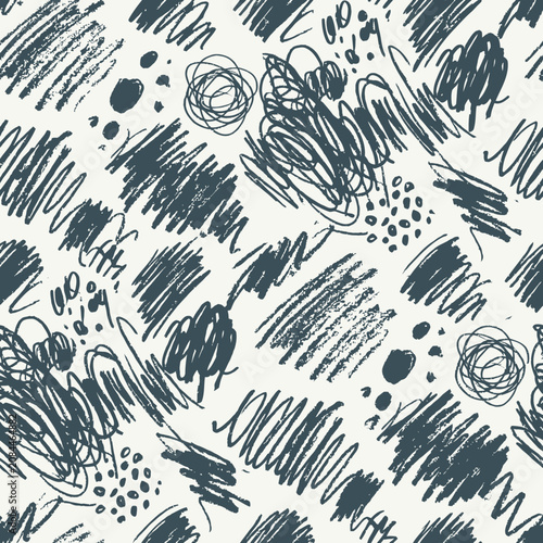 Seamless abstract pattern with dark blue hand drawn scribbles