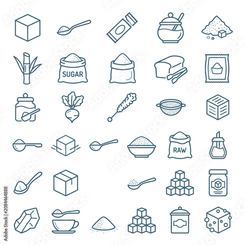 A collection of hand drawn sugar and sweetener line icons