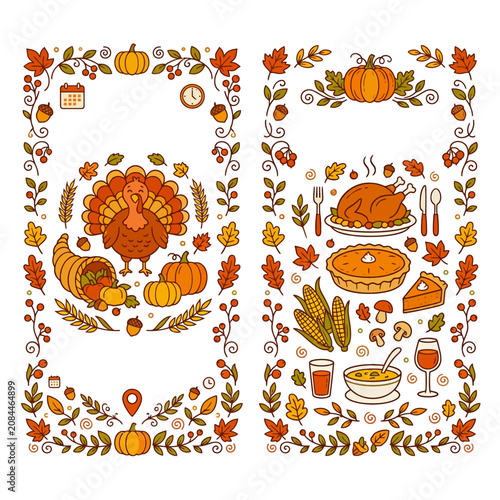 Cute Thanksgiving doodle banners with turkey and autumn food