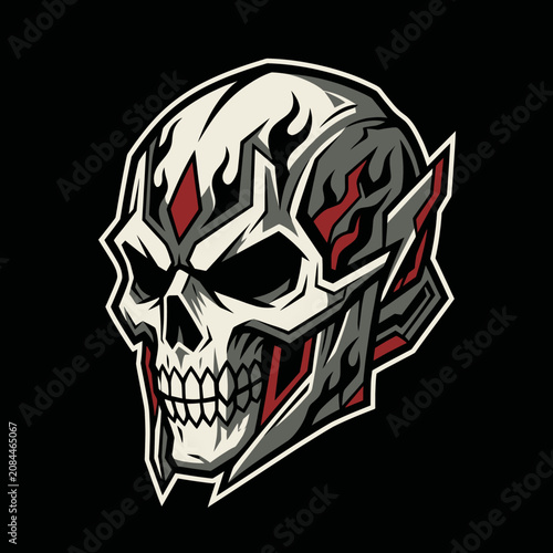 A fierce stylized skull emblem with red and grey details