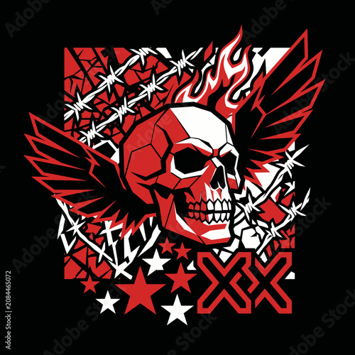 Red and white skull with wings, flames and barbed wire