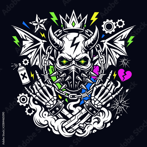 A vibrant skull with horns, crown and skeleton hands illustration
