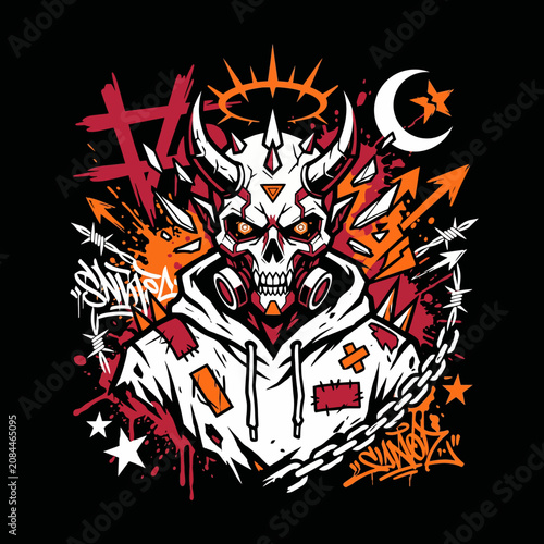 Urban street art illustration of a horned skull wearing a hoodie