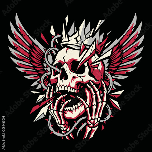 Graphic art of a crowned skull with wings and skeletal hands