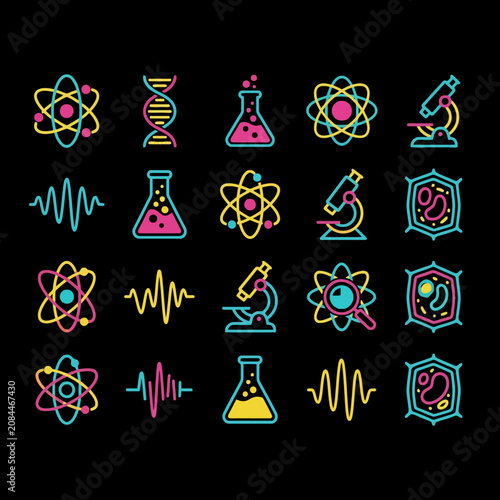 A collection of colorful science icons on a black background