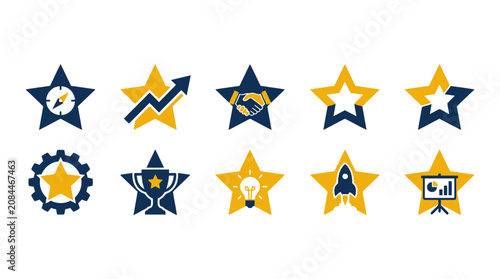 A collection of business success star icons in blue and gold