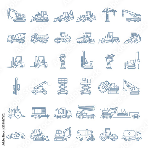 Collection of blue construction vehicle and machinery icons