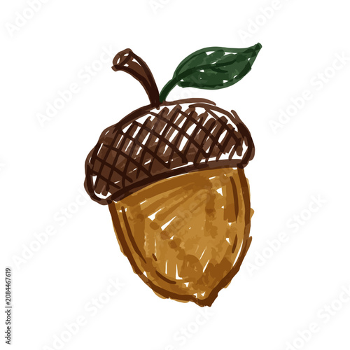 A simple hand-drawn acorn illustration with a green leaf