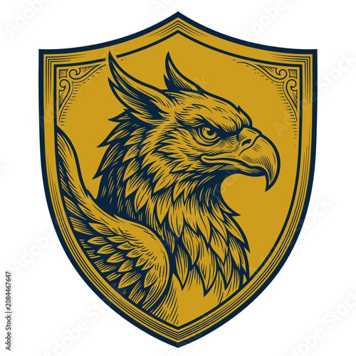 Heraldic shield emblem featuring a detailed griffin illustration