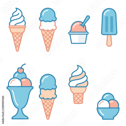 Set of pastel ice cream and popsicle icons on white