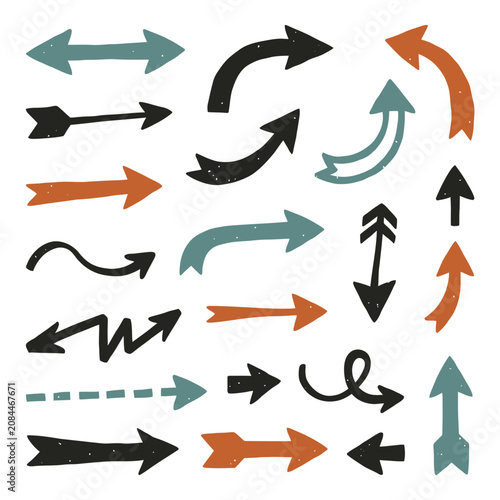Collection of hand drawn textured arrows on a white background