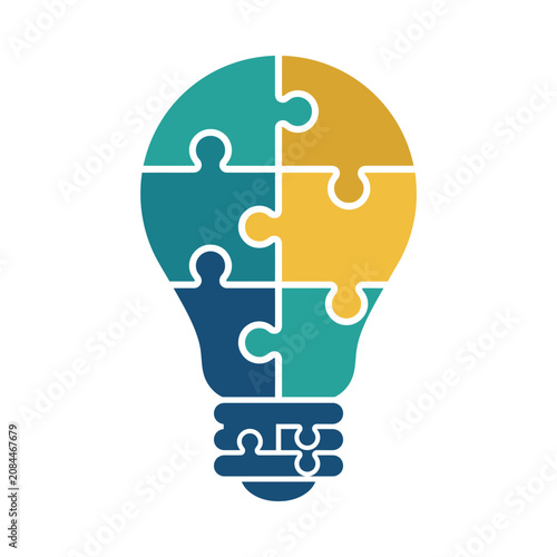 A light bulb made of colorful puzzle pieces representing ideas