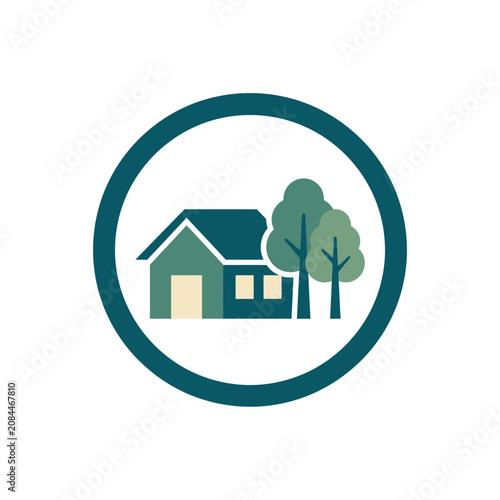 Green house and trees icon inside a circular frame