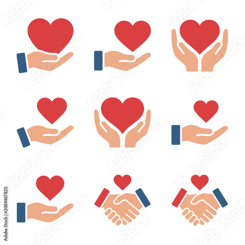 Vector icons of hands holding red hearts and handshakes