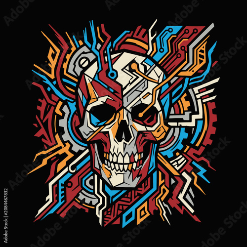 Vibrant abstract skull design with intricate geometric and circuit patterns