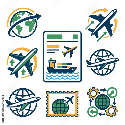 Collection of flat logistics and global transportation icons