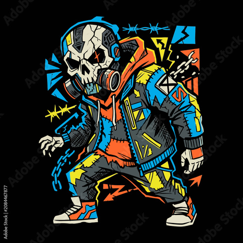 A vibrant urban skull character wears a gas mask and street wear