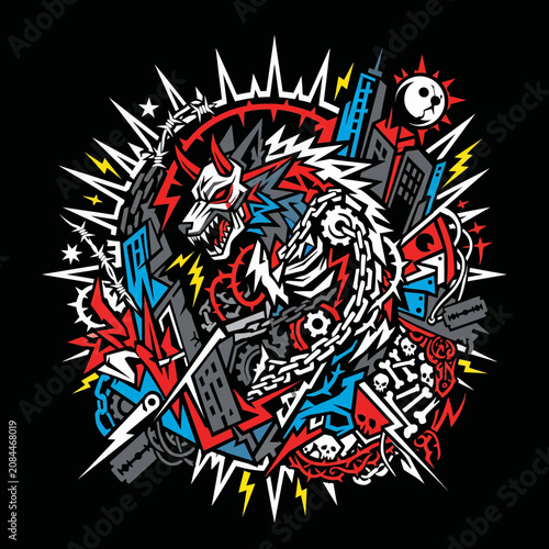 Fényképezés Fierce horned beast with chains in a dynamic urban illustration