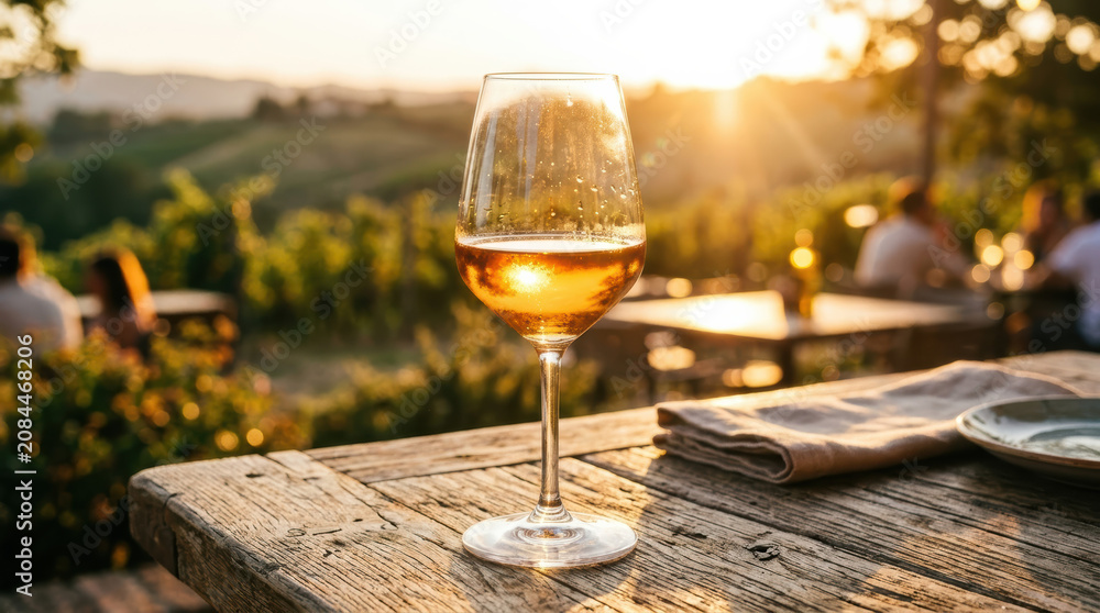 Obraz premium Wine glass chardonnay table sunset vineyard outdoor, golden drink on rustic wood at scenic terrace with soft background, relaxed warm evening mood