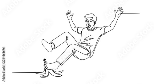 Obraz na plátně Man Slipping on Banana Peel, Falling Down, Oops Moment, Continuous Line Art