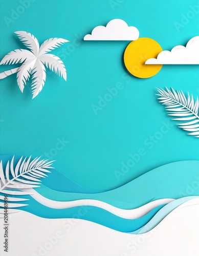 Paper cut style tropical beach with palm tree sun and copyspace