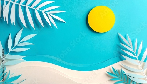 Paper cut style tropical beach with palm leaves sun and copyspace