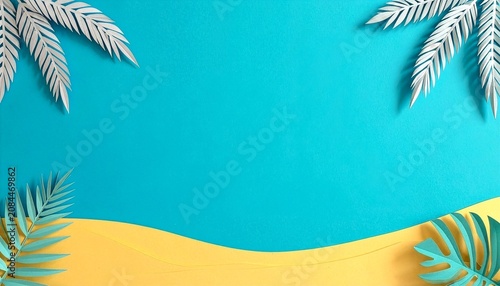 Paper cut style tropical beach background with palm leaves monstera and copyspace