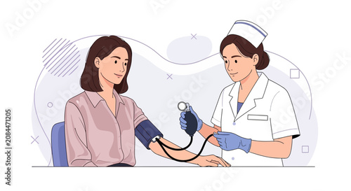 Nurse taking patient's blood pressure with sphygmomanometer, medical check-up, healthcare illustration