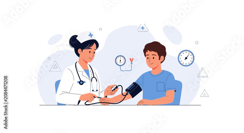 Nurse Taking Patient's Blood Pressure, Medical Check-up Illustration
