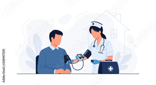 Nurse taking patient's blood pressure, healthcare concept, vector illustration