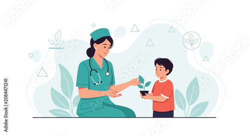 Nurse Teaching Child About Planting, Healthcare and Nature Education Concept